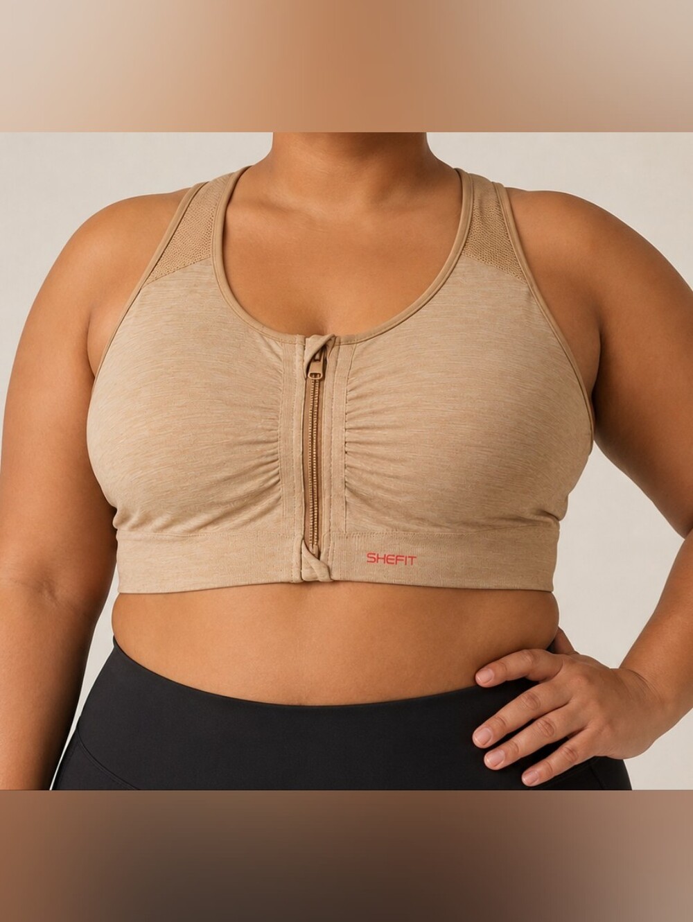 SHEFIT 6Luxe Zip Front Sports Bra Beige Nude Size 6 Luxe High Impact Wireless